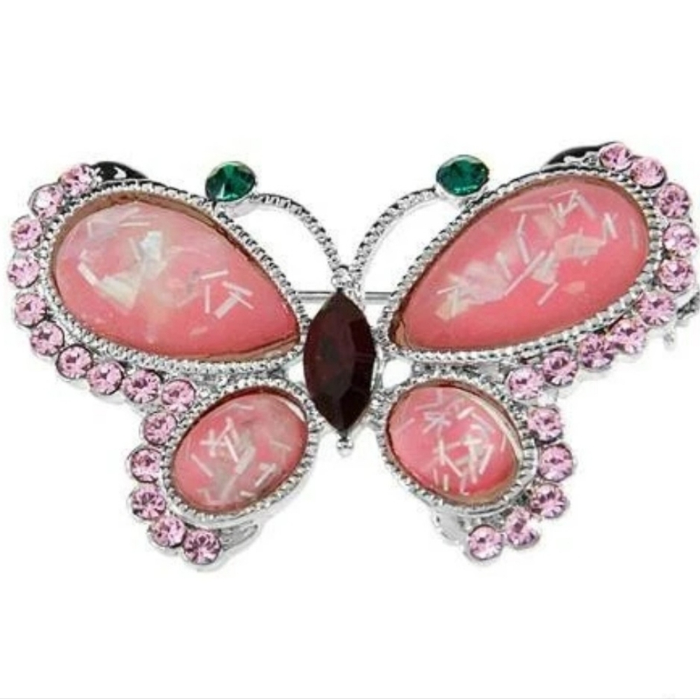 Vtg Unsigned Ruccini Pink Confetti Lucite Rhinestone Butterfly Pin Brooch